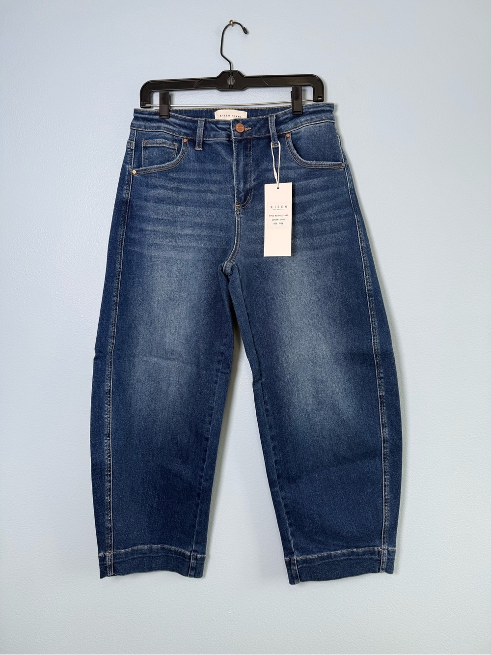 Risen Barrel High-Rise Cropped Mom Jeans in Dark Blue